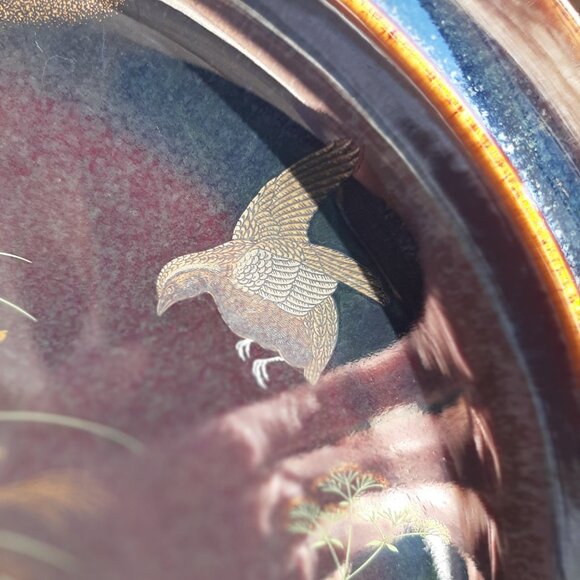 VTG  Serving Platter Grouse Birds Flowers Iridescent Pattern Japan Round 12" D - Picture 8 of 14